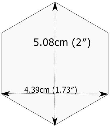 A hexagon oriented with points at the top and bottom and flat vertical sides. It is labelled with dimensions: 5.08cm (2") vertically (point to point), and 4.39cm (1.73") horizontally (flat side to flat side).