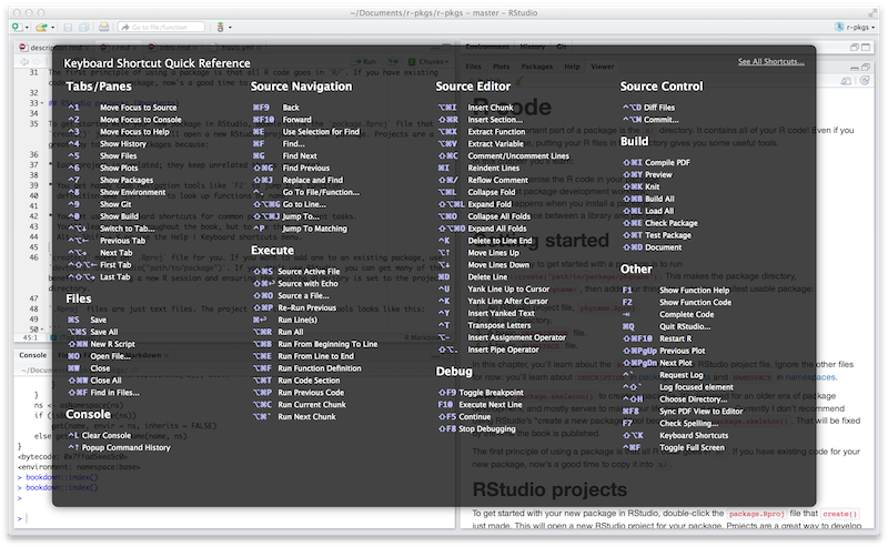 Screenshot of an RStudio window with a semi-transparent black box displaying keyboard shortcuts that overlays a majority of the window.