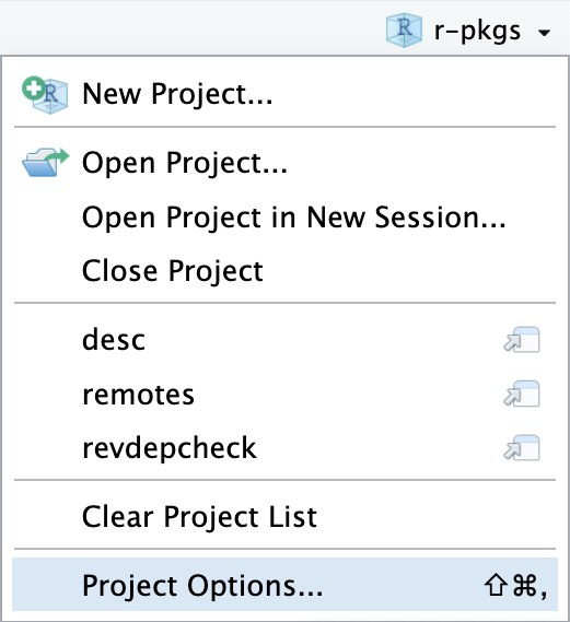 Image of the RStudio IDE Projects drop-down menu, with items: "New Project...", "Open Project...", "Open Project in New Session...",  "Close Project", then a list of projects the user has had open  recently, "Close Project", and "Project Options...".  The "Project Options..." item is selected.